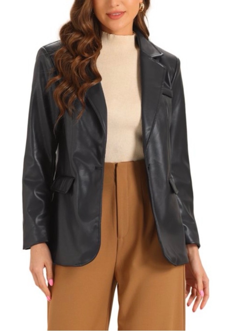 Black Faux Leather Blazer Jacket - Women's Smart Casual Coat